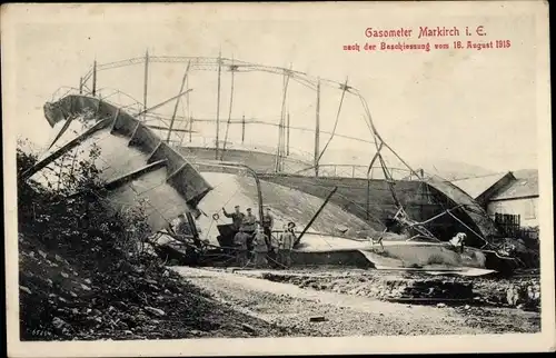 Ak Sainte Marie aux Mines Markirch Elsass Haut Rhin, Gasometer nach der Beschießung 1915