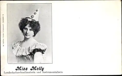 Ak Miss Melly, Landschaftsschnellmalerin und Instrumentalistin, Portrait