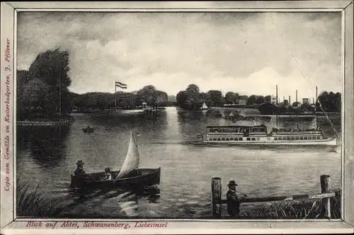 Ak Berlin Treptow, Blick auf Abtei, Schwanenberg, Liebesinsel, Dampfer