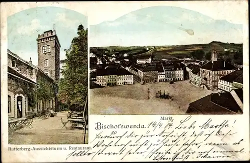 Ak Bischofswerda im Kreis Bautzen, Blick auf den Markt, Butterberg Aussichtsturm und Restaurant
