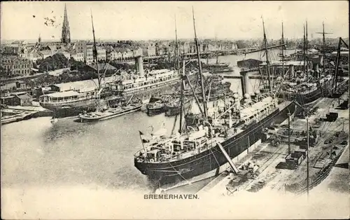 Ak Bremerhaven, Hafenpartie mit Dampfern