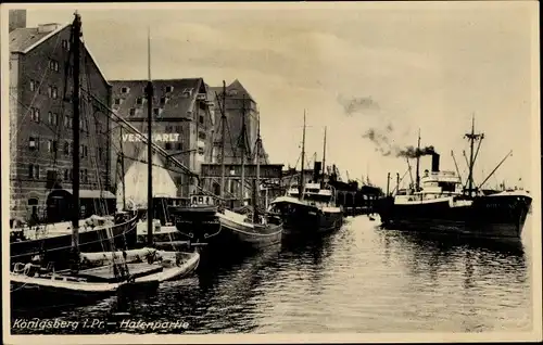 Ak Kaliningrad Königsberg Ostpreußen, Hafen, Dampfer Memel, Speicherhäuser