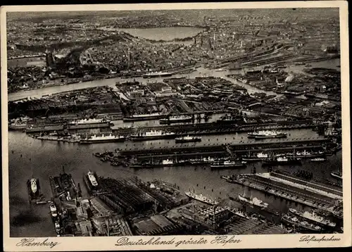 Ak Hamburg, Blick auf den Hafen mit Dampfern, Fliegeraufnahme