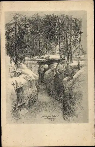 Künstler Ak Deutsche Soldaten in Uniformen im Schützengraben, I WK