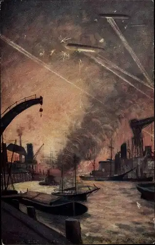 Künstler Ak Hubert, A., Luftangriff auf die Londoner Hafenanlagen, Zeppeline, Wohlfahrtskarte