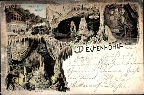 Litho Grüne Iserlohn Märkischer Kreis, Dechenhöhle, Kristallgrotte, Bahnhof, Grufthalle, Königshalle