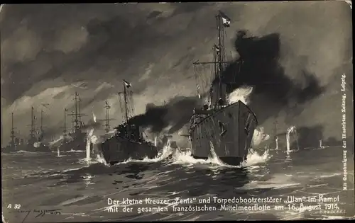 Künstler Ak Der Kleine Kreuzer SMS Zenta und Torpedobootzerstörer SMS Ulan, 16. August 1914