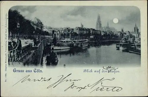 Mondschein Ak Köln am Rhein, Blick auf den Hafen, Dom