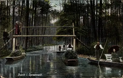 Ak Lübbenau Bank im Spreewald, Kahnpartie, Brücke