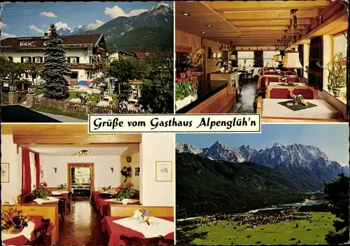 Ak Krün in Oberbayern, Gasthaus Alpenglühn, Speisesaal, Garten, Panorama