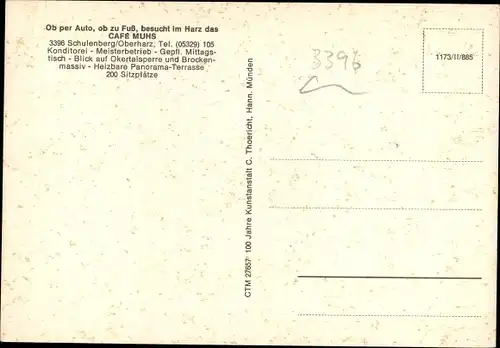 Ak Schulenberg Clausthal Zellerfeld im Oberharz, Cafe Muhs, Außenansicht