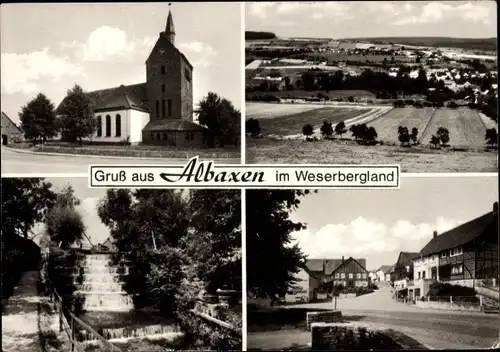 Ak Albaxen Höxter im Weserbergland, Kirche, Wasserfall, Total, Straßenansicht