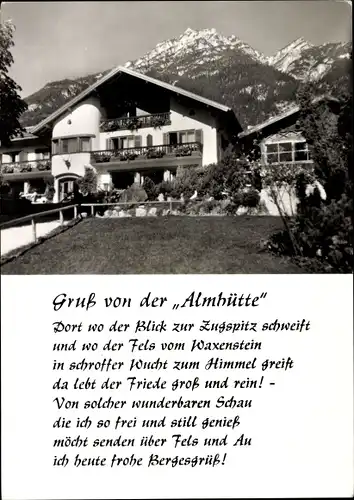 Ak Garmisch Partenkirchen in Oberbayern, Berggasthof Almhütte, Gedicht, Kramerplateauweg