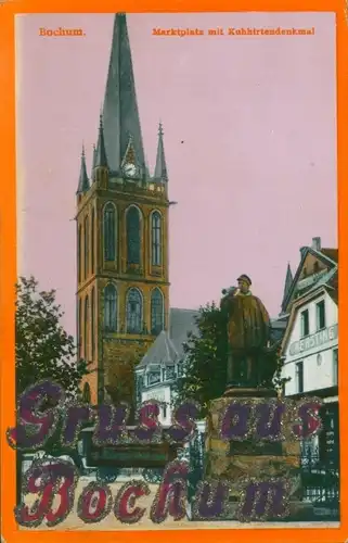 Glitzer Ak Bochum im Ruhrgebiet, Marktplatz mit Kuhhirtendenkmal