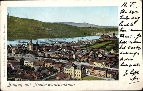 Leuchtfenster Ak Bingen am Rhein, Panorama vom Ort mit Niederwalddenkmal