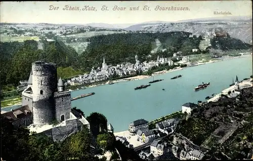 Ak St. Goar am Rhein, Burg Katz und St. Goarshausen, Rheinfels