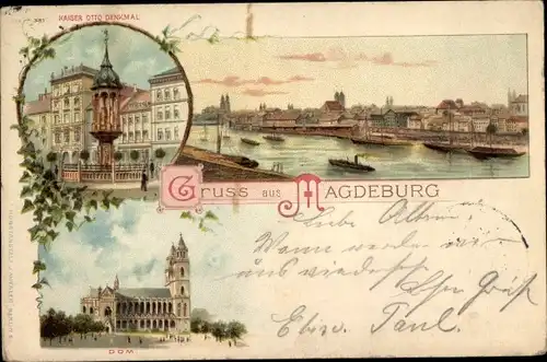 Litho Magdeburg, Gesamtansicht, Dom, Kaiser Otto Denkmal