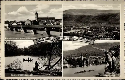 Ak Bad Säckingen am Hochrhein, Rheinbrücke, Fridolinsmünster, Trompeterdenkmal, Bergsee