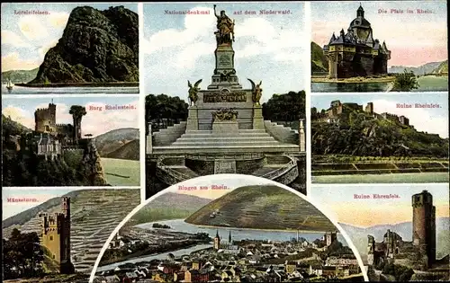 Ak Rüdesheim am Rhein, Niederwald Nationaldenkmal, Bingen, Mäseturm, Ruine Ehrenfels, Rheinstein