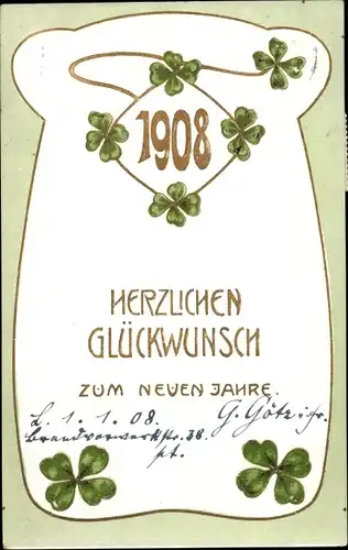 Ak Glückwunsch Neujahr 1908, Glücksklee