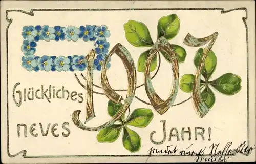 Präge Ak Glückwunsch Neujahr 1907, Glücksklee, Vergissmeinnicht