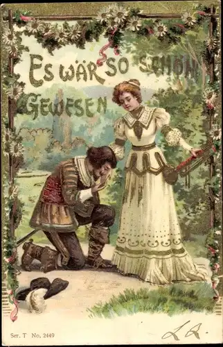 Litho Mann kniet vor seiner Frau, Es wär so schön gewesen, Margeriten