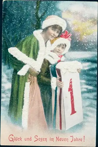 Ak Glückwunsch Neujahr, Frau mit ihrem Kind, Kalender, Winterkleidung