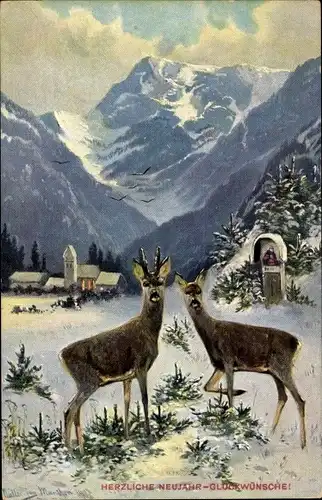 Ak Glückwunsch Neujahr, Hirsch, Reh, Berglandschaft