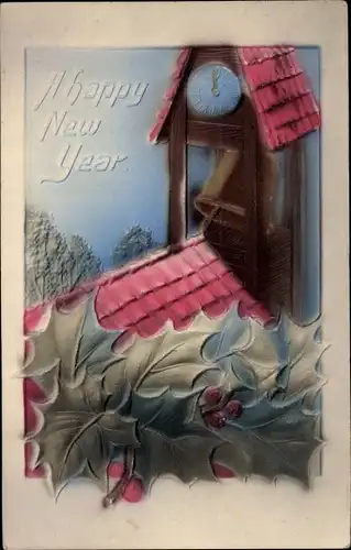 Präge Ak Glückwunsch Neujahr, Stechpalme, Glocke, Uhr