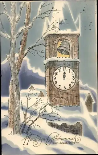 Ak Glückwunsch Neujahr, Kirchturm, Uhr, Glocke, Bäume