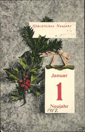 Ak Glückwunsch Neujahr, Kalender, Stechpalme, Tannenzweig