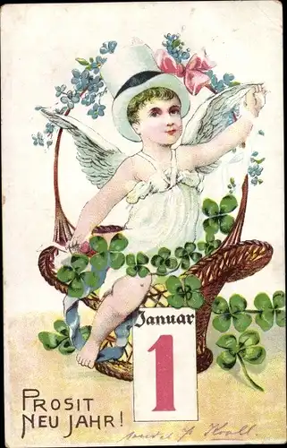 Präge Ak Glückwunsch Neujahr, Engel, Kalender, Glücksklee, Korb, Vergissmeinnicht