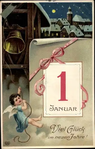 Präge Ak Glückwunsch Neujahr, Engel, Glocke, Kalender