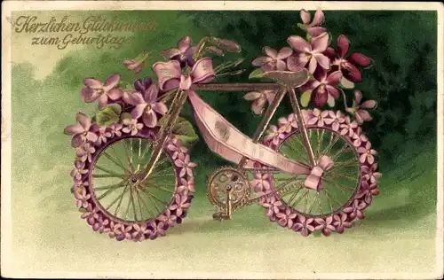 Präge Ak Glückwunsch Geburtstag, Fahrrad, Veilchen