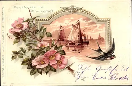 Präge Litho Segelboote auf dem Wasser, Blüten, Schwalbe
