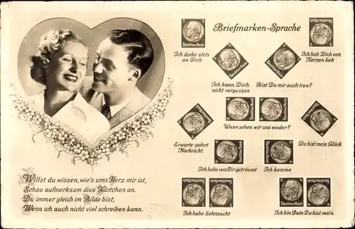 Ak Briefmarkensprache, Liebespaar, Ich hab Dich von Herzen lieb, Ich komme, BNK 36605 1