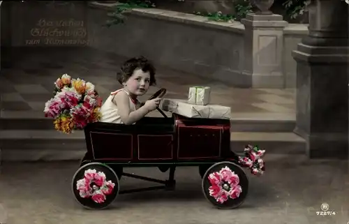 Ak Glückwunsch Namenstag, Kind im Automobil, Blumen, Geschenke