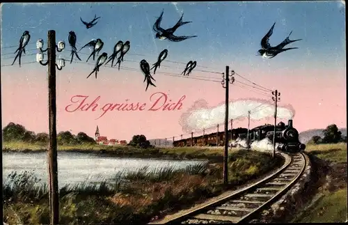 Ak Ich grüße Dich, Schwalben, Hochspannungsleitung, Eisenbahn, Bahnschienen