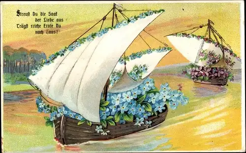 Ak Segelboote mit Vergissmeinnicht und Veilchen