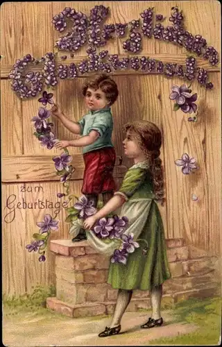 Präge Ak Glückwunsch Geburtstag, Kinder, Veilchen, Holztor