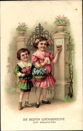 Ak Glückwunsch Geburtstag, Gratulanten, Blumen, Geschenke