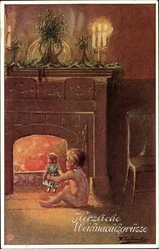 Künstler Ak Glückwunsch Weihnachten, Kind am Kamin, Puppe