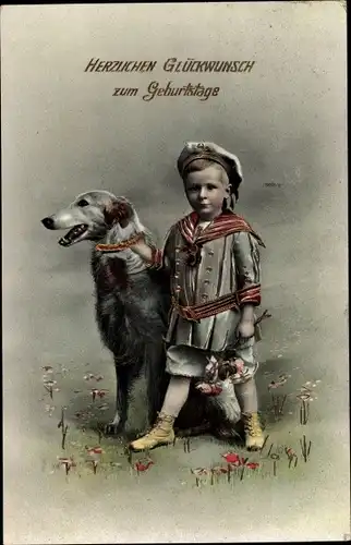 Ak Glückwunsch Geburtstag, Kind mit Windhund