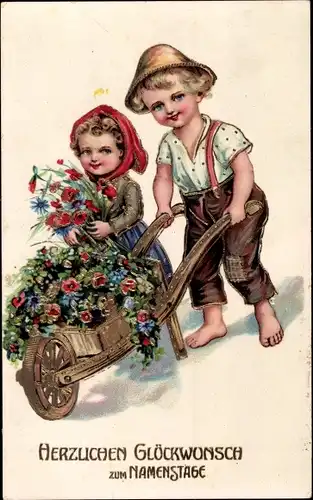 Ak Glückwunsch Namenstag, Kinder, Blumen, Schubkarre