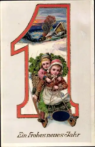 Ak Glückwunsch Neujahr, Kinder, Schlittenfahrt, Glücksklee