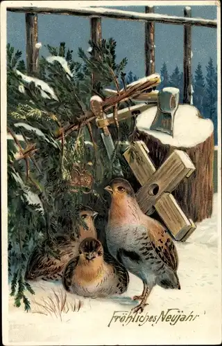 Ak Glückwunsch Neujahr, Vögel, Tannenbaum