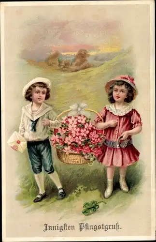 Ak Glückwunsch Pfingsten, Kinder, Blumenkorb, Glücksklee
