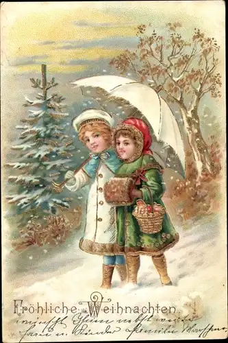 Litho Glückwunsch Weihnachten, Kinder machen Spaziergang, Muff, Regenschirm