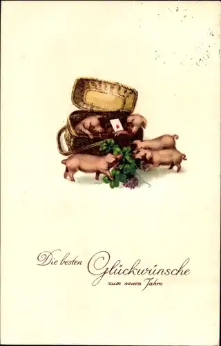 Ak Glückwunsch Neujahr, Schweine, Truhe, Glücksklee
