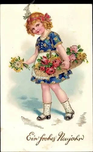 Ak Glückwunsch Neujahr, Mädchen, Blumenkorb, Rosen